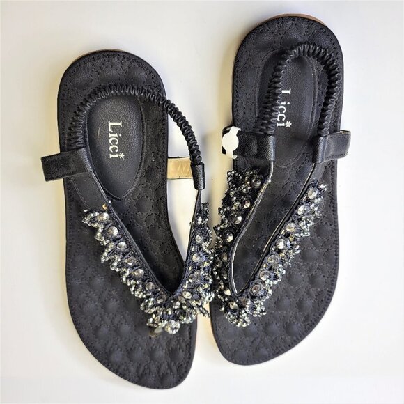 SIZE 8 Black Glitter Embellished Sandals Cushioned Flats Slippers (Size 39) - Picture 14 of 14